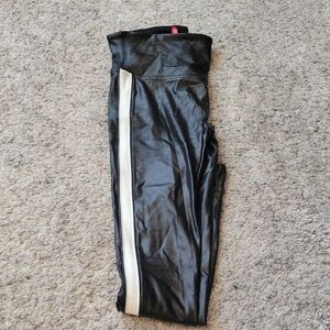Spanx Black Faux Leather Leggings with White Stripe